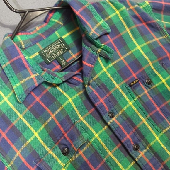 Polo Country Ralph Lauren Shirt Men's L Green Flannel Long Sleeve Chin Strap - Picture 1 of 10